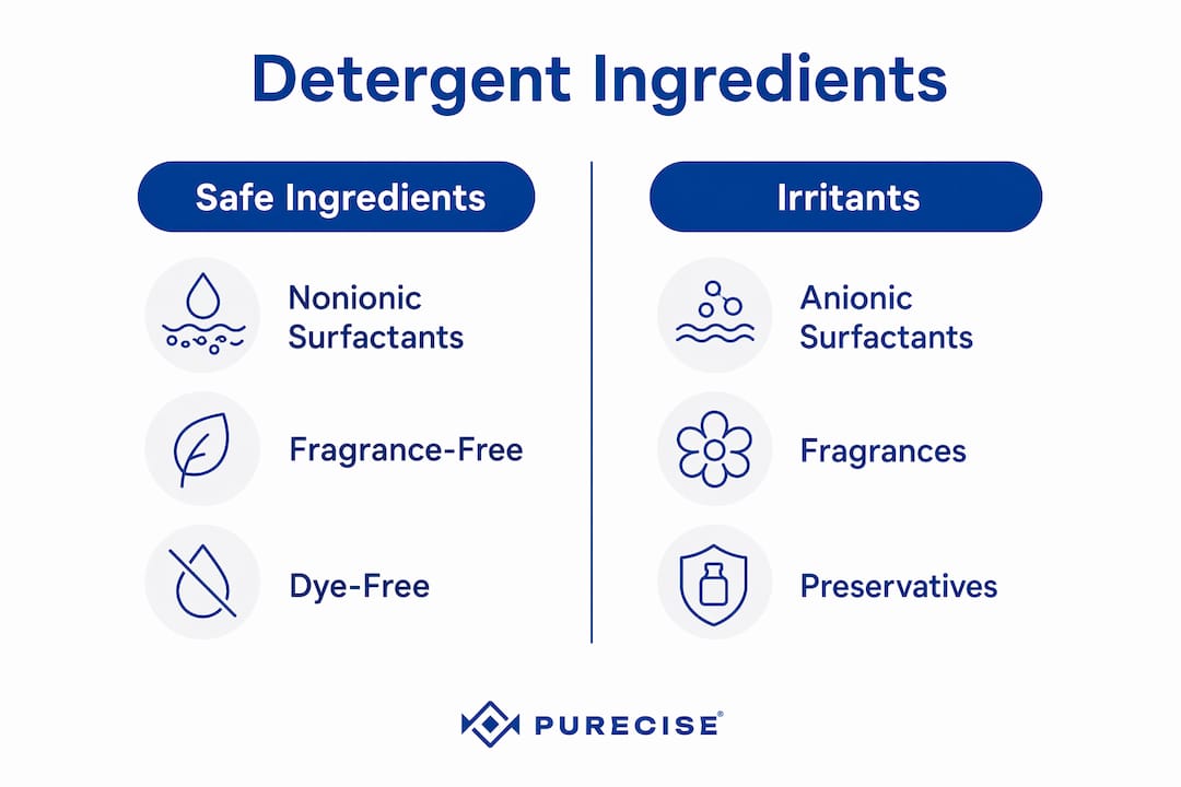 Infographic comparing safe and irritating detergent ingredients