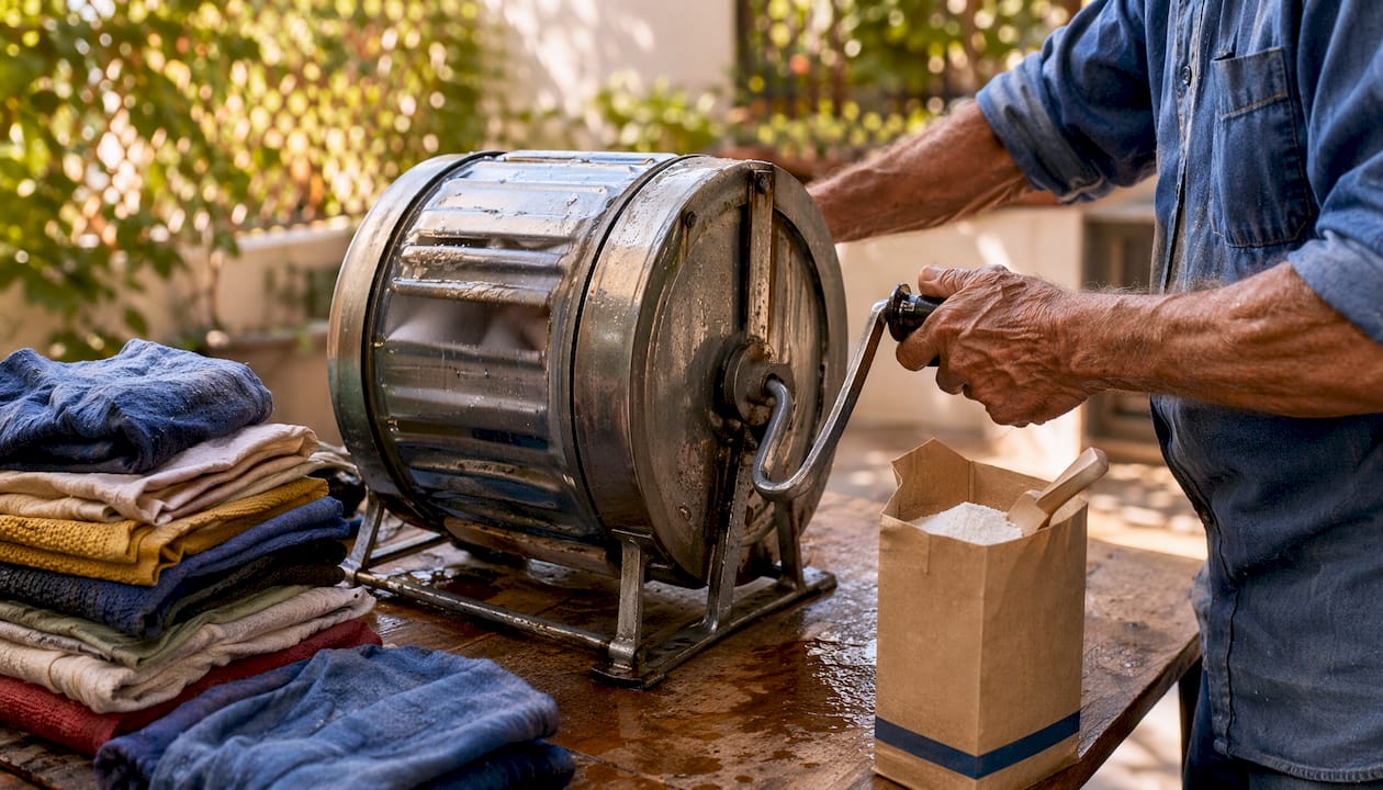 Hands turning crank on manual off-grid washer indoors