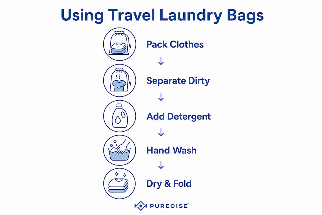 Infographic showing travel laundry bag system steps