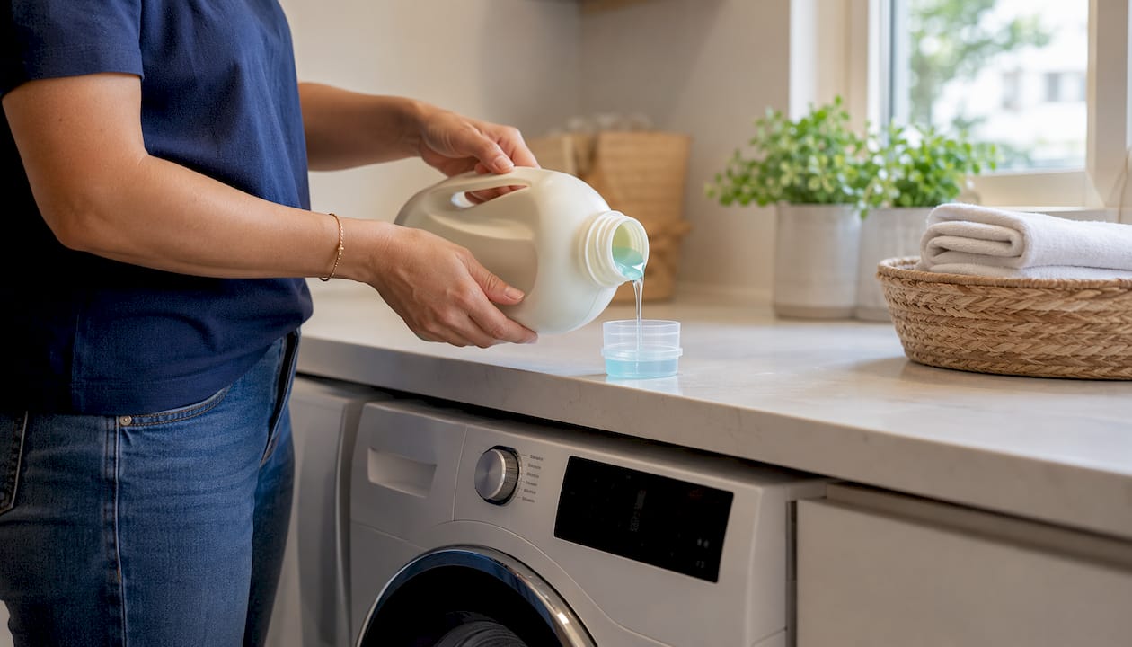 Hands pouring detergent into measuring cap overhead view