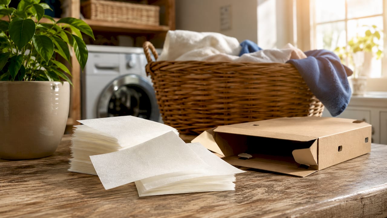 Eco-friendly laundry sheets with packaging