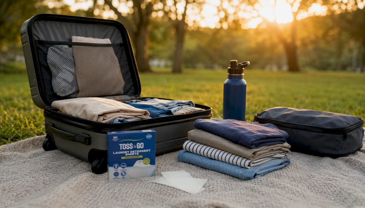 Packed travel suitcase with laundry sheets envelope