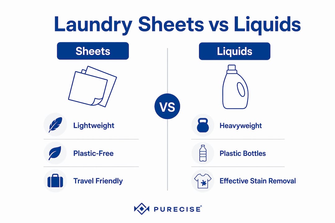 Infographic comparing laundry sheets and liquid detergents