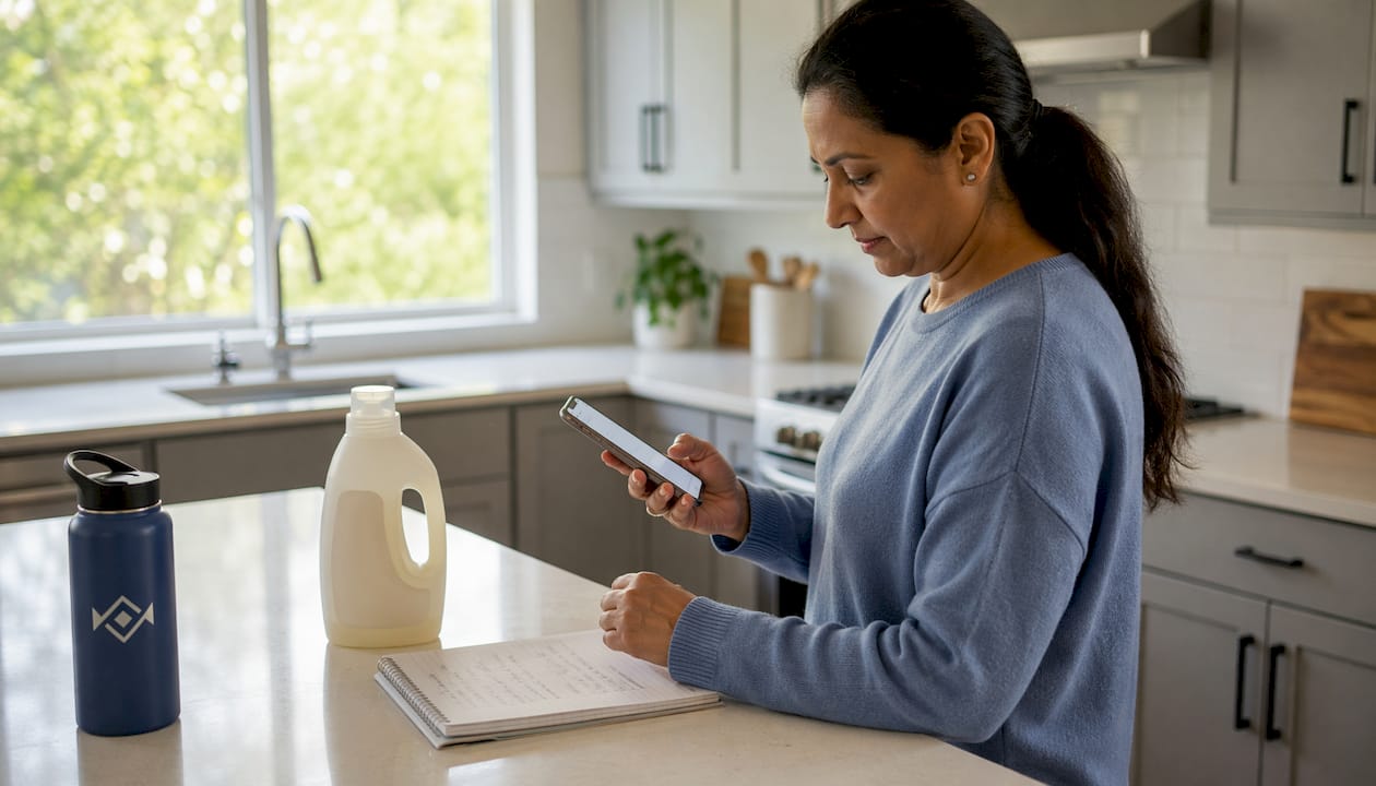 Woman verifying detergent certification on laptop