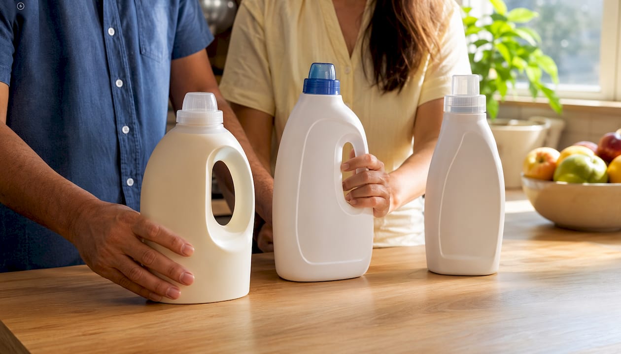Hands holding detergent bottles in retail aisle