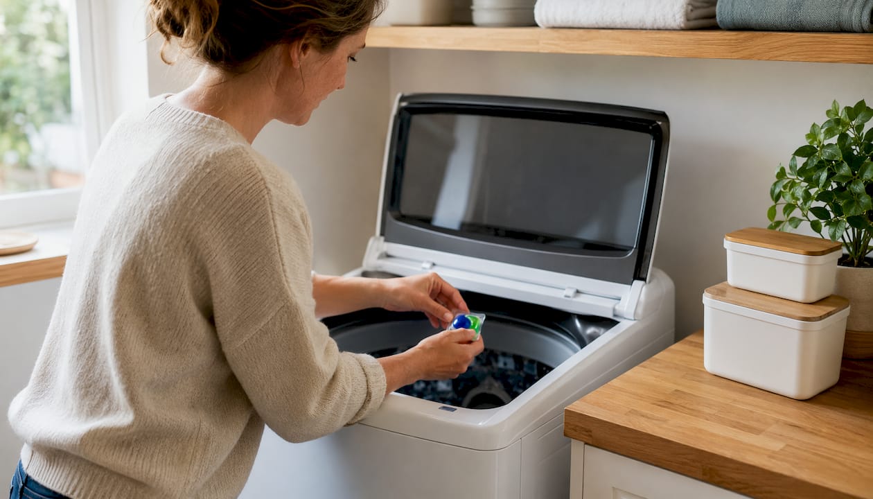 Hands placing laundry pod into washing machine drum