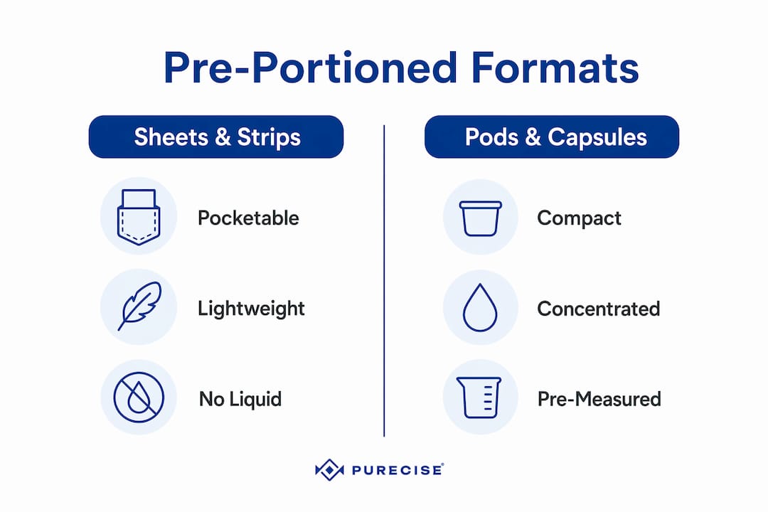 Comparison infographic of detergent sheets versus pods