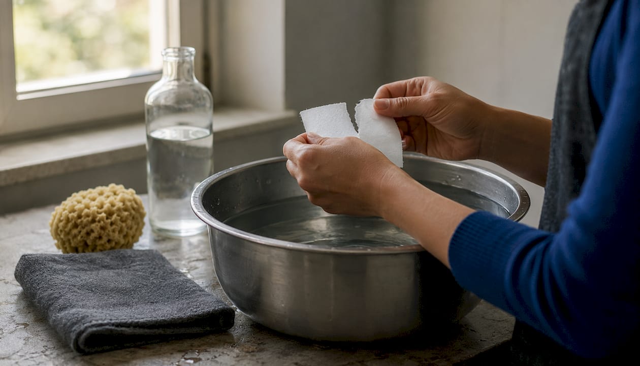 Hands tearing detergent sheet over basin with cold water