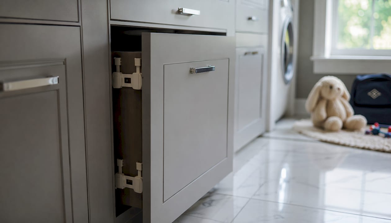 Childproof locking mechanism on laundry cabinet