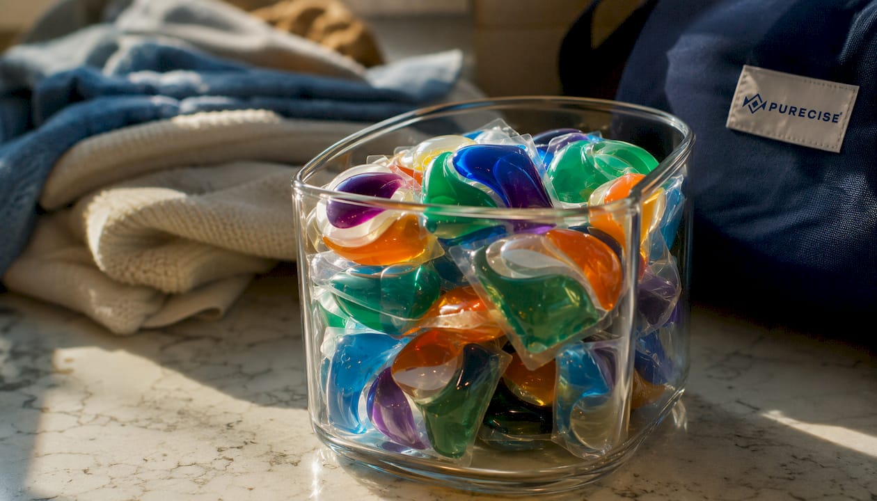 Close-up of colorful laundry detergent pods