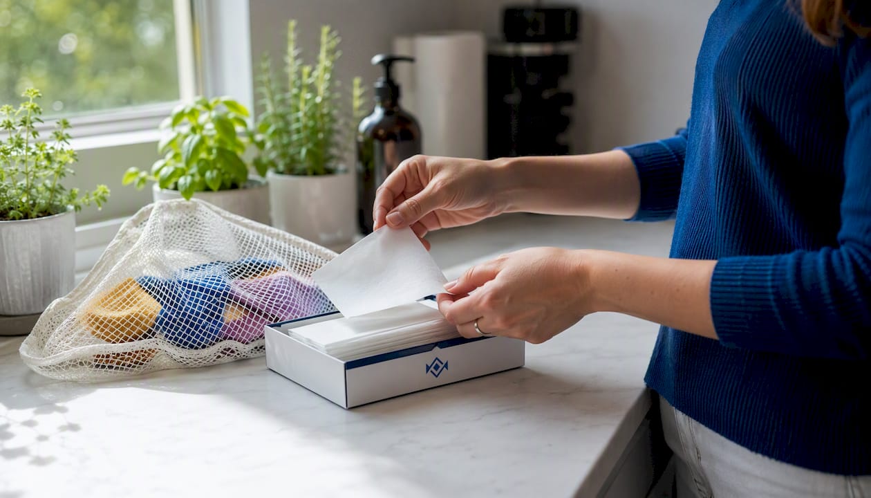 Hands selecting hypoallergenic detergent sheet