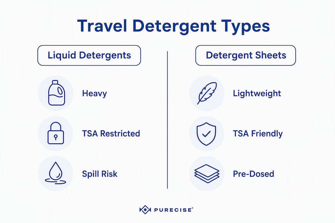 Infographic comparing travel detergent formats liquid versus sheets