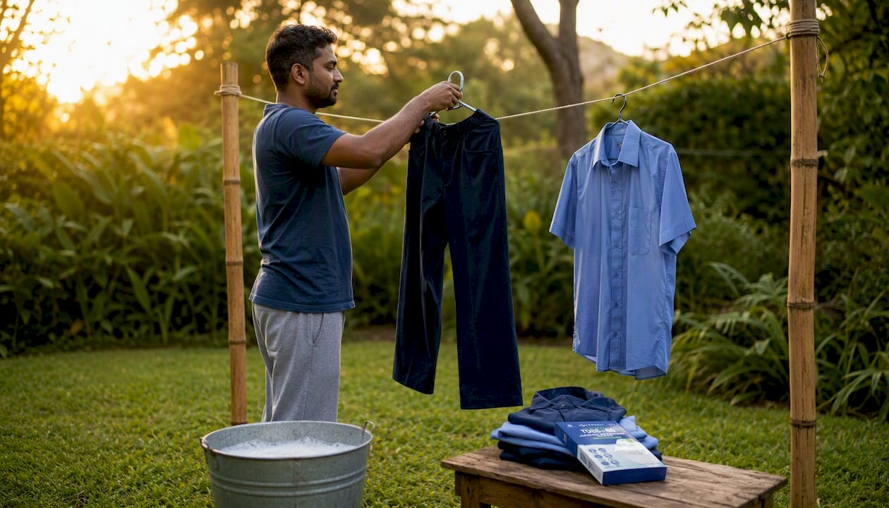 Man hanging uniform on clothesline outdoors