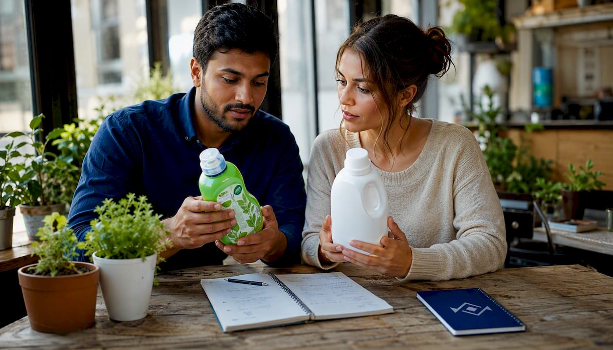 Hands holding contrasting laundry detergent bottles