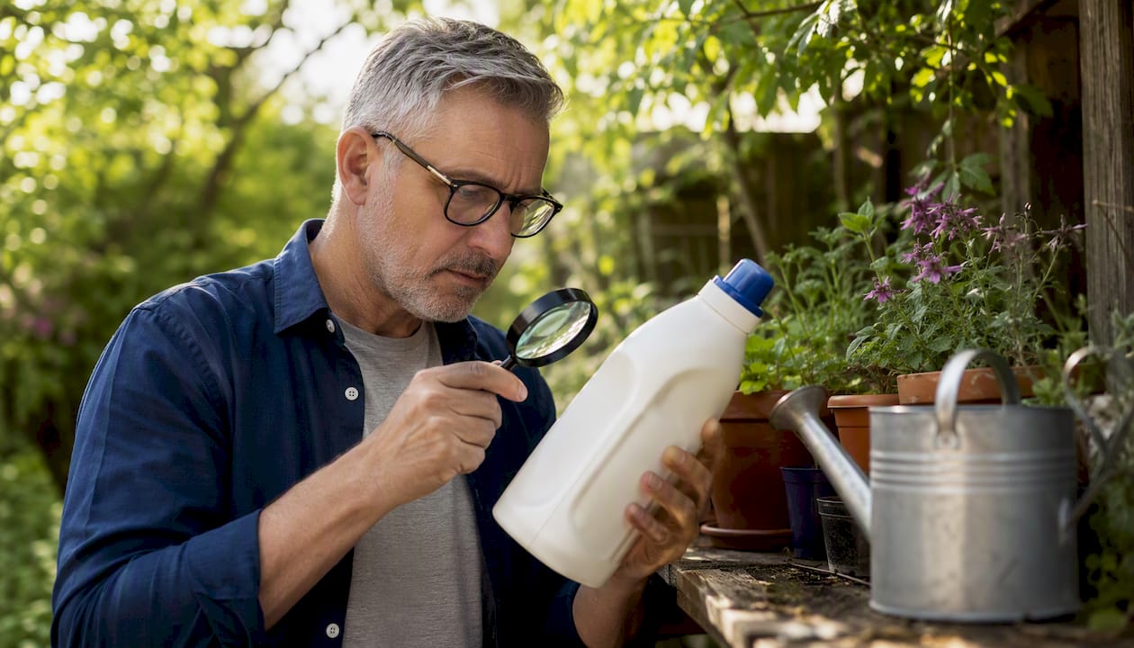 Man reading laundry product label with magnifier