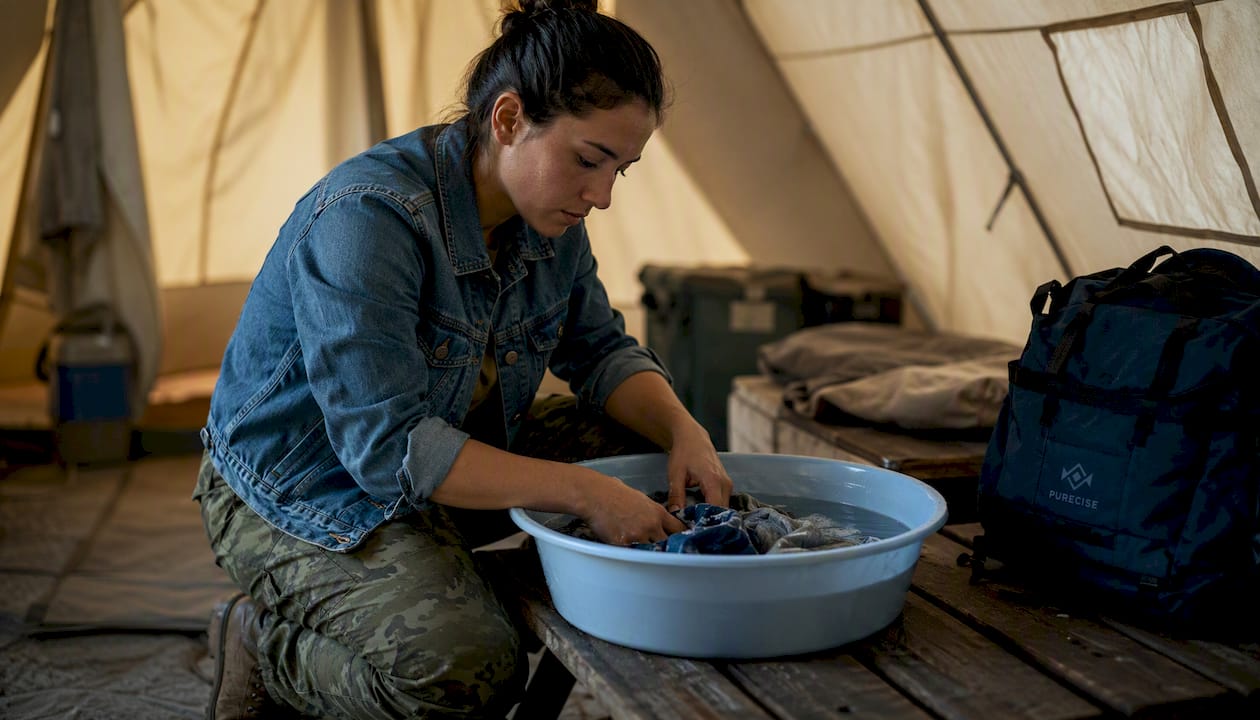 Female soldier hand-washing clothes in basin inside tent