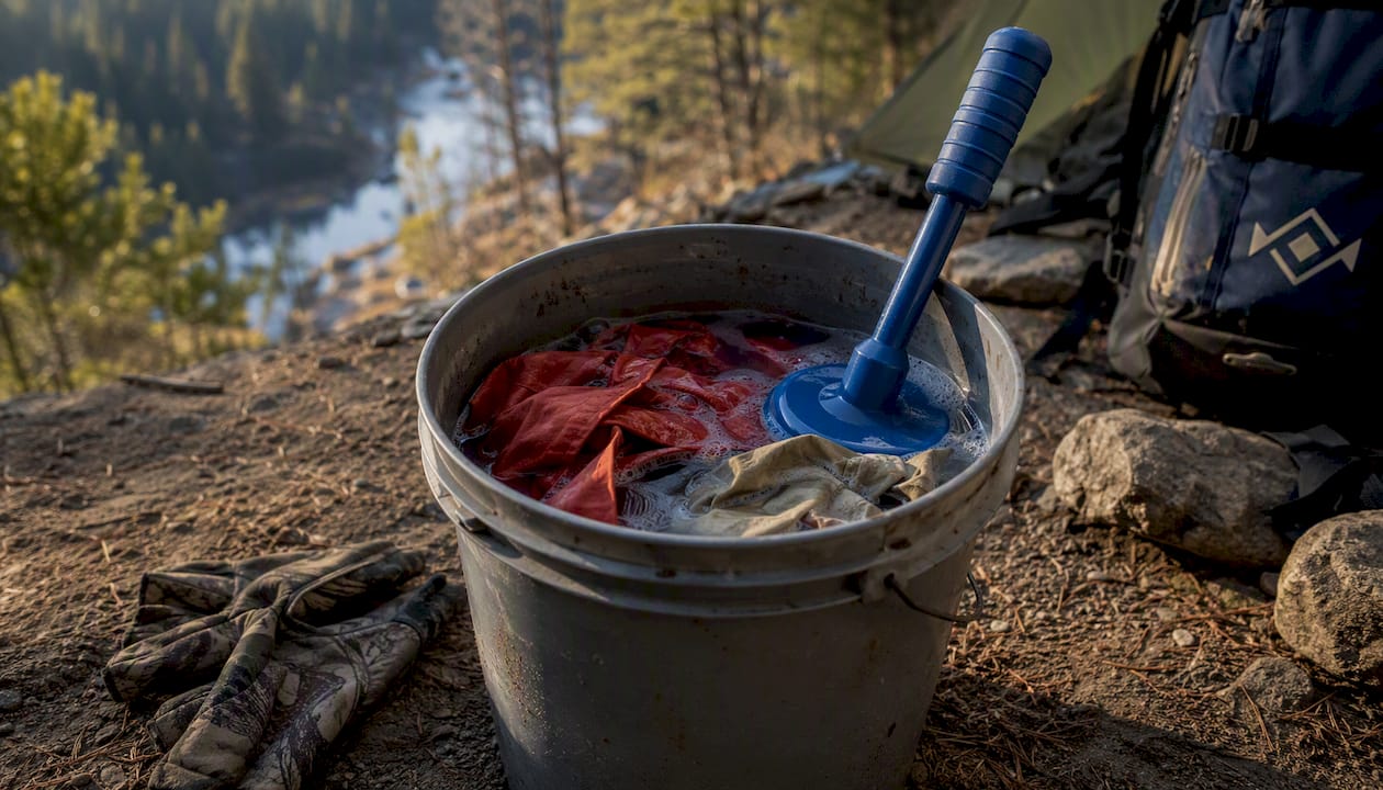 Bucket with plunger agitator and wet clothes in field