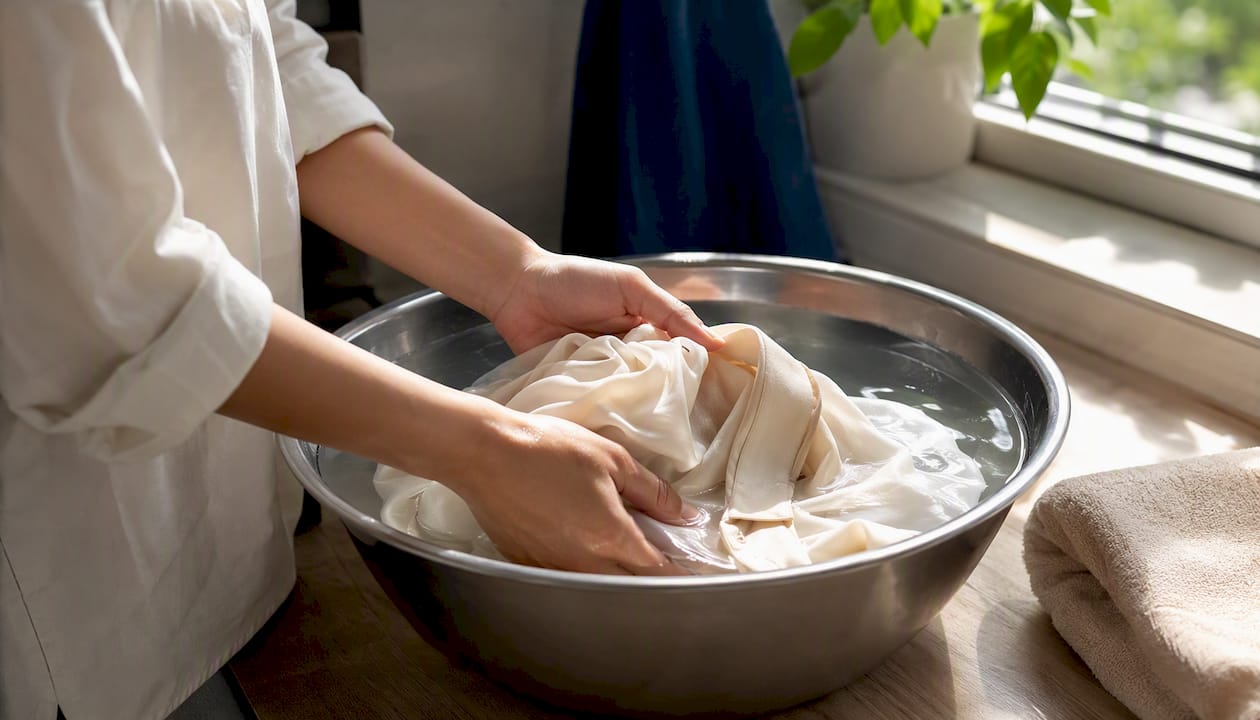 Hands delicately washing silk blouse in basin