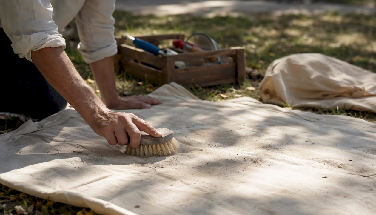 Hands dry brushing canvas fabric outdoors