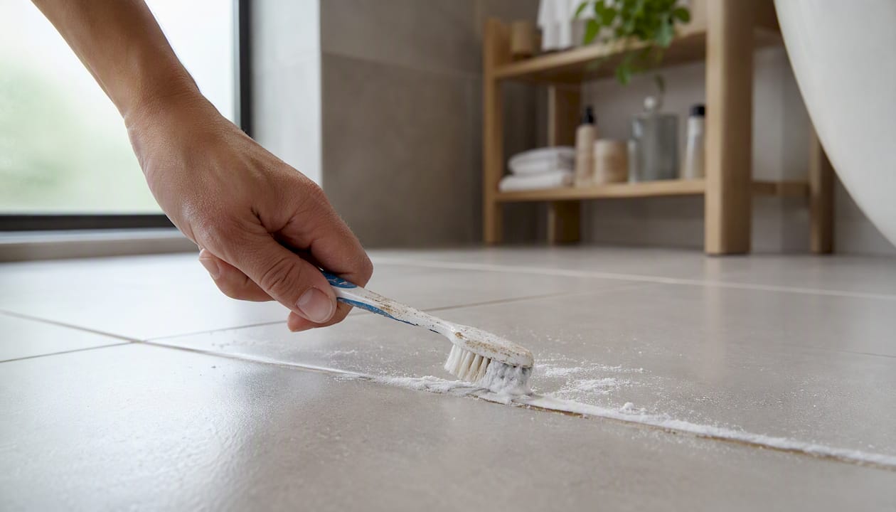 Hand scrubbing grout lines with baking soda paste and toothbrush