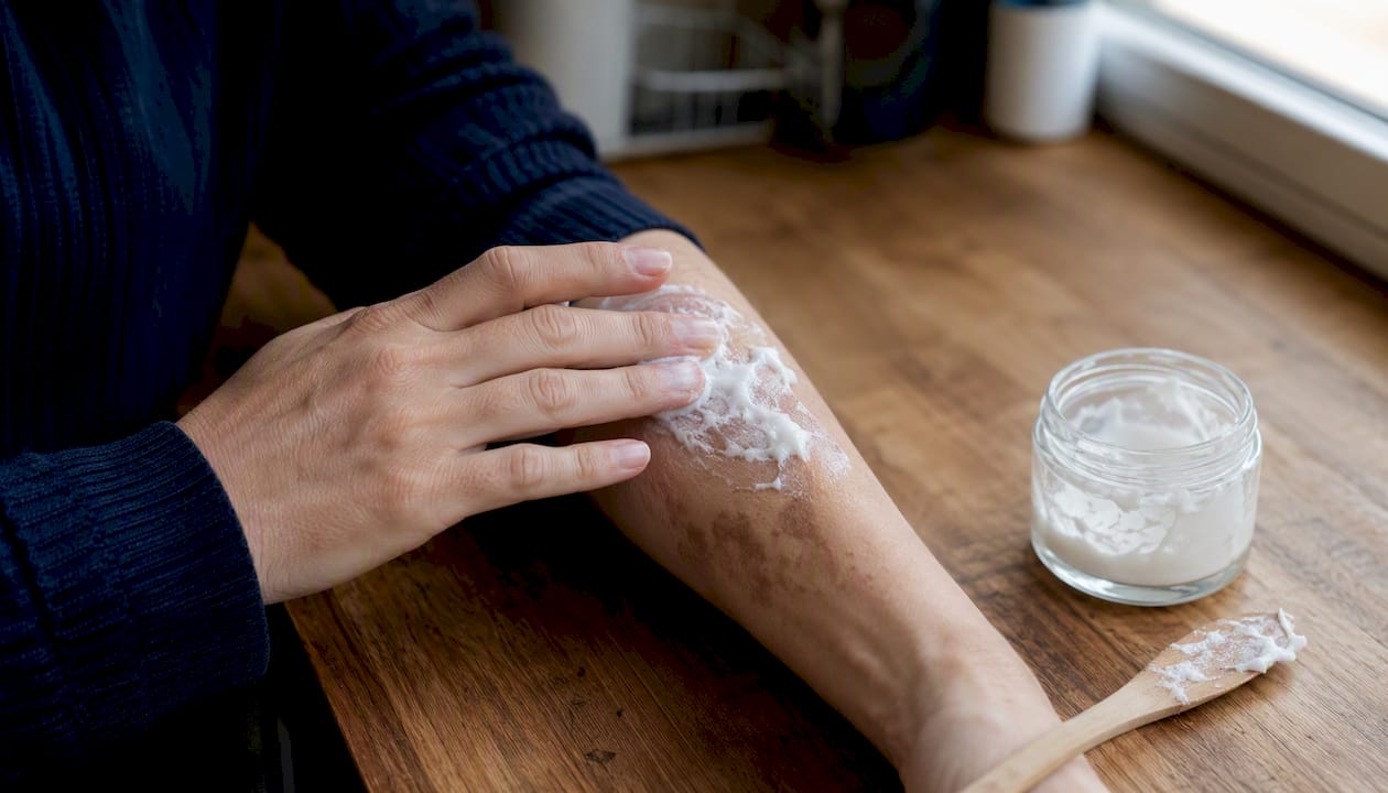 Hands applying baking soda paste for stain removal