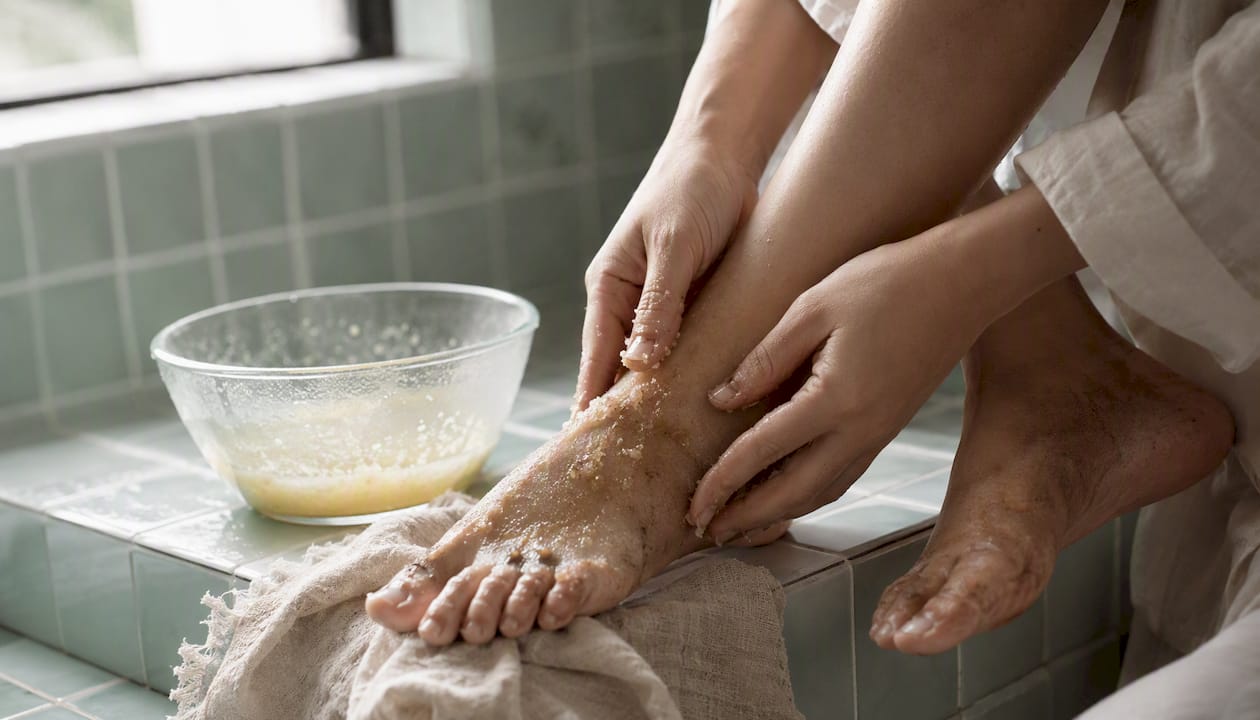 Hands exfoliating with oil and sugar scrub