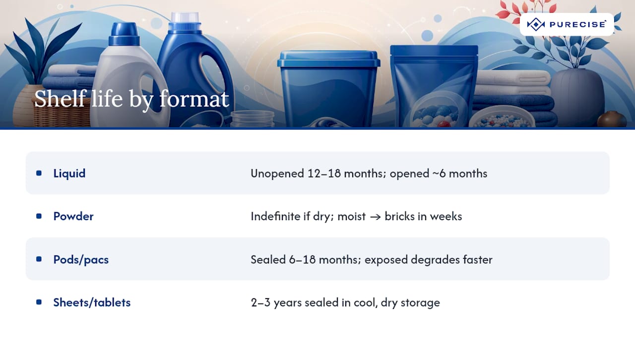 Shelf life comparison chart of detergent formats