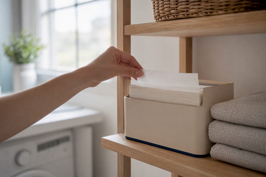 Hand placing laundry sheets into airtight tin