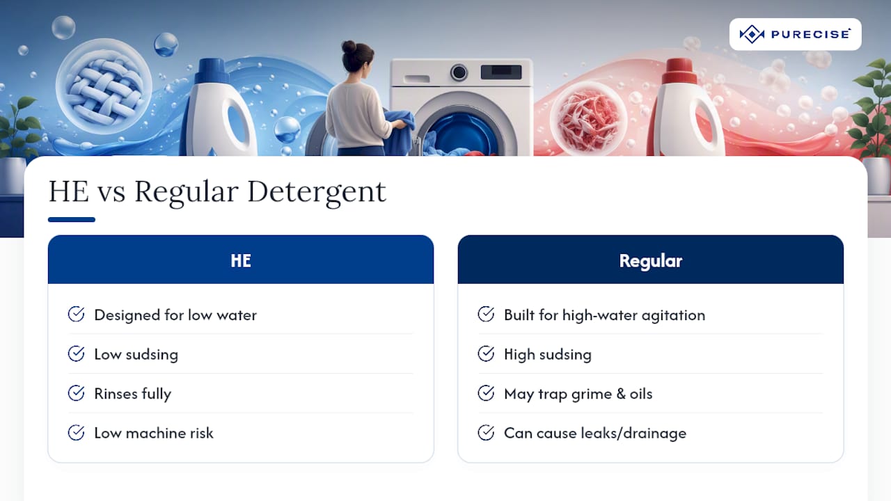 Diagram comparing HE and regular detergent in front load washers