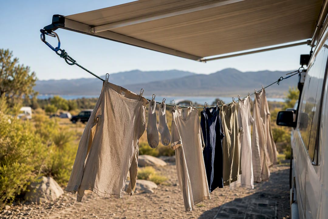Clothes drying on a campsite line