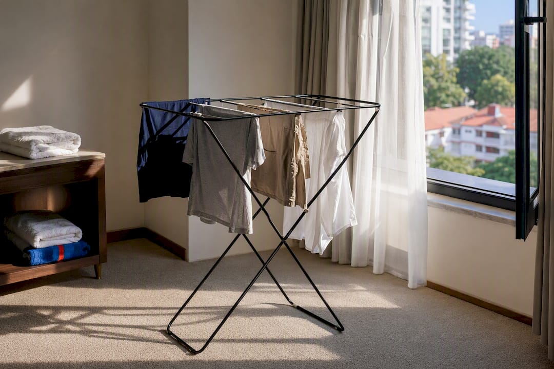 Garments drying safely on hotel rack
