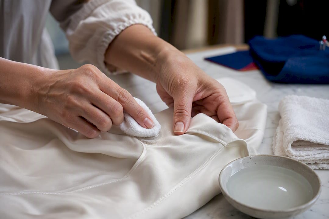 Hands blotting deodorant mark on silk blouse
