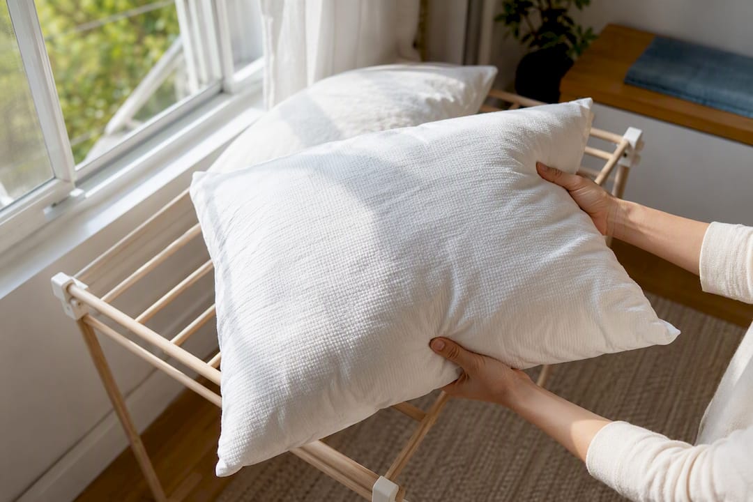 Hands fluffing a pillow during air drying