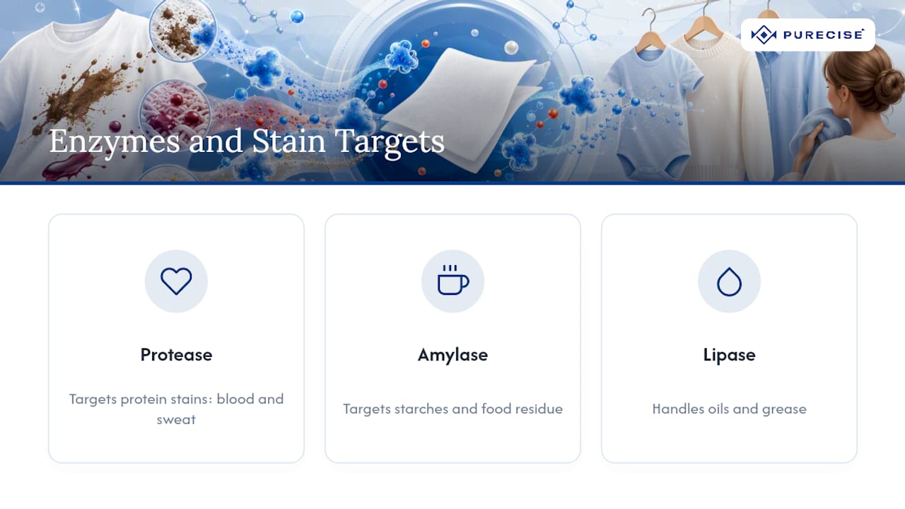 Three laundry enzymes matched to stain types