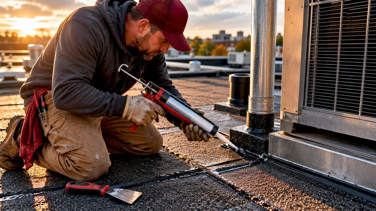 Hands sealing HVAC penetrations on commercial roof