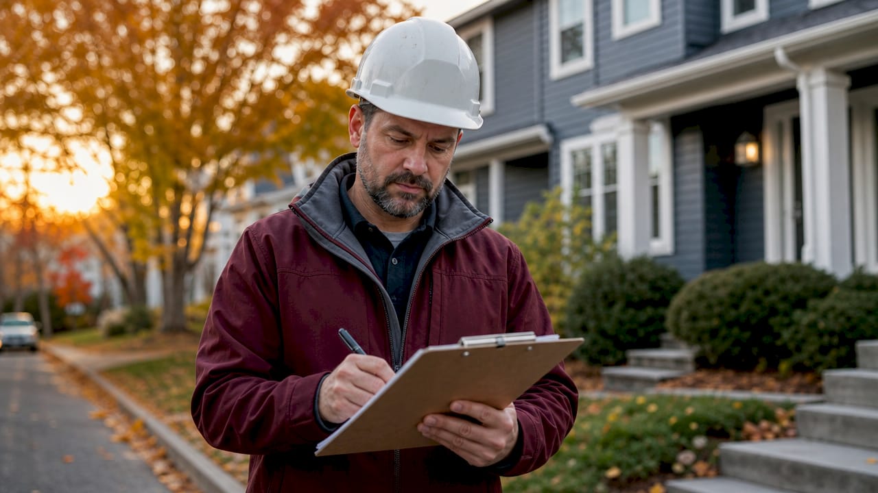 Contractor inspecting home site writing notes