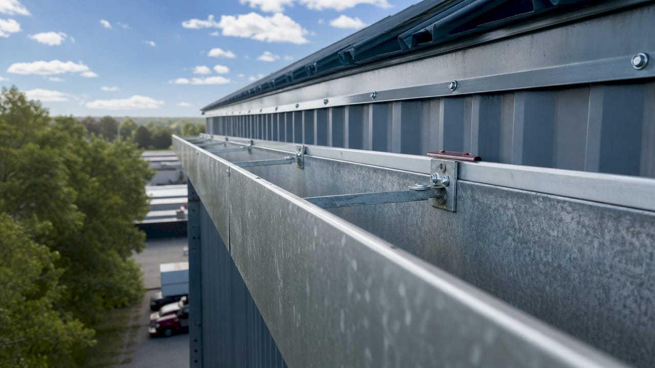 Close-up of box gutters on industrial warehouse roof