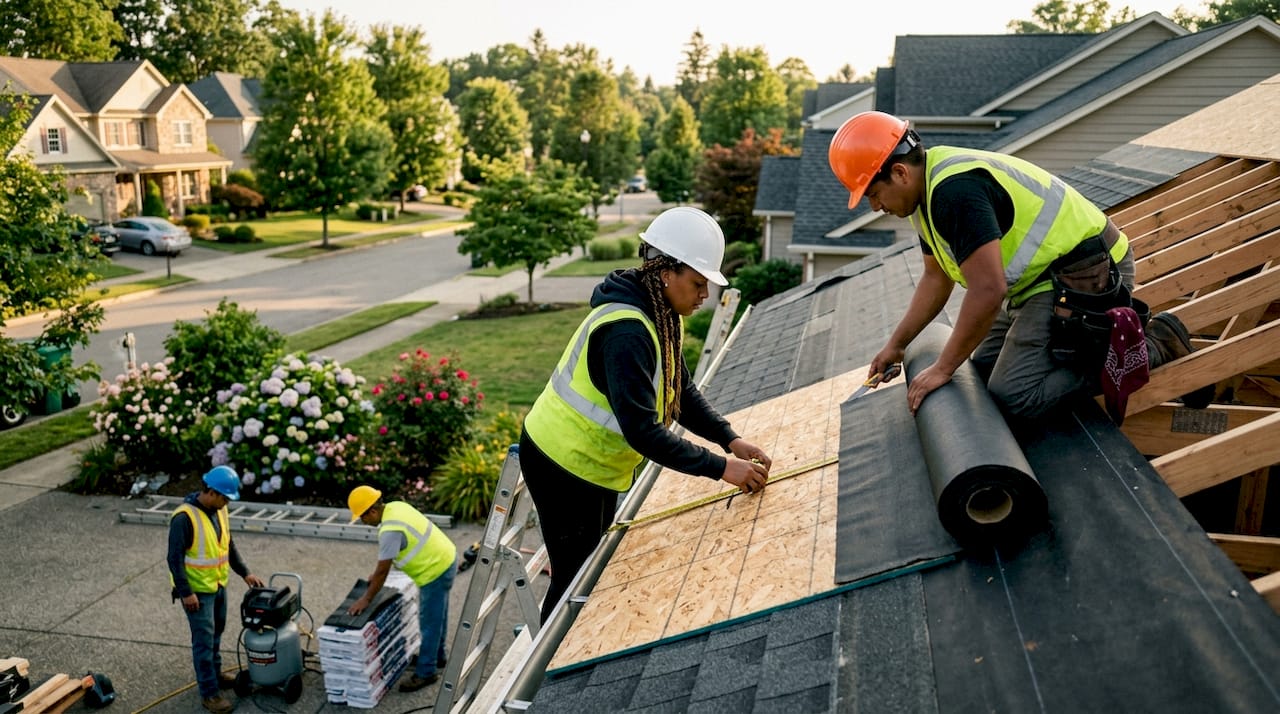 Team installing commercial roof on flat rooftop