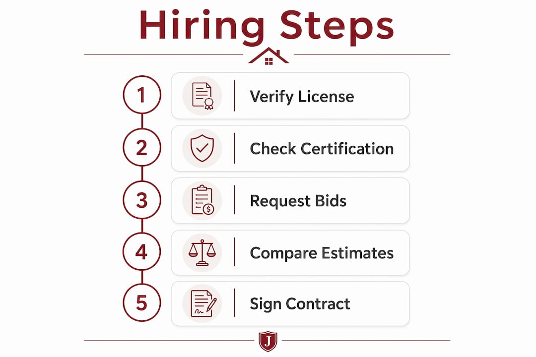 Infographic showing steps to hire a roofing contractor