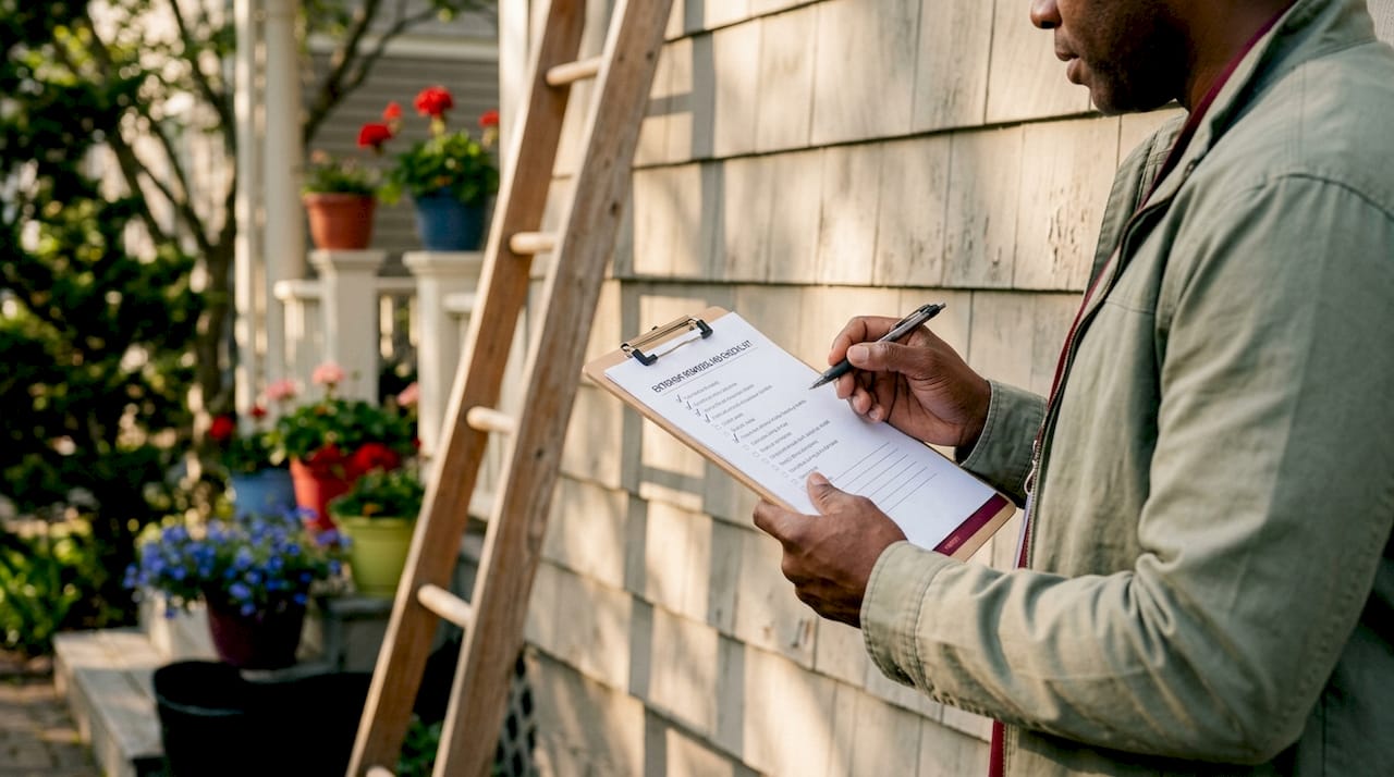 Hands inspecting house siding with checklist clipboard