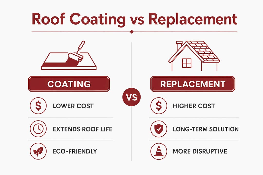 Infographic comparing roof coating benefits versus replacement