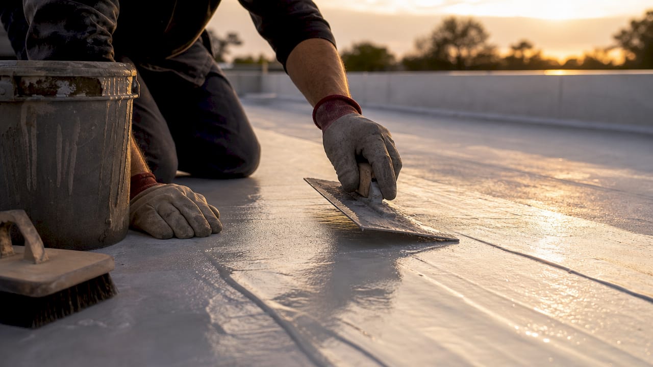 Close-up of hands applying roof coating