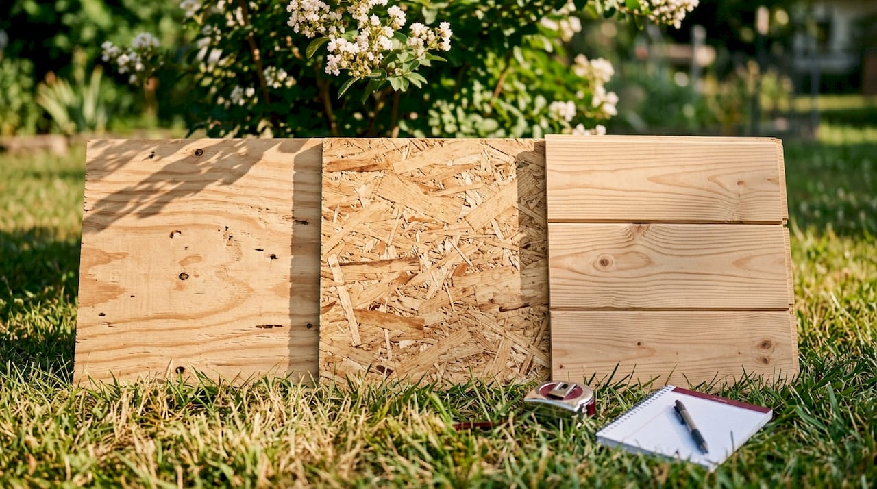 Close-up of three roof decking materials