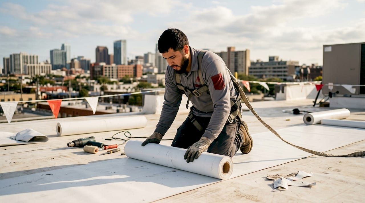Roofer installing single-ply membrane on flat roof