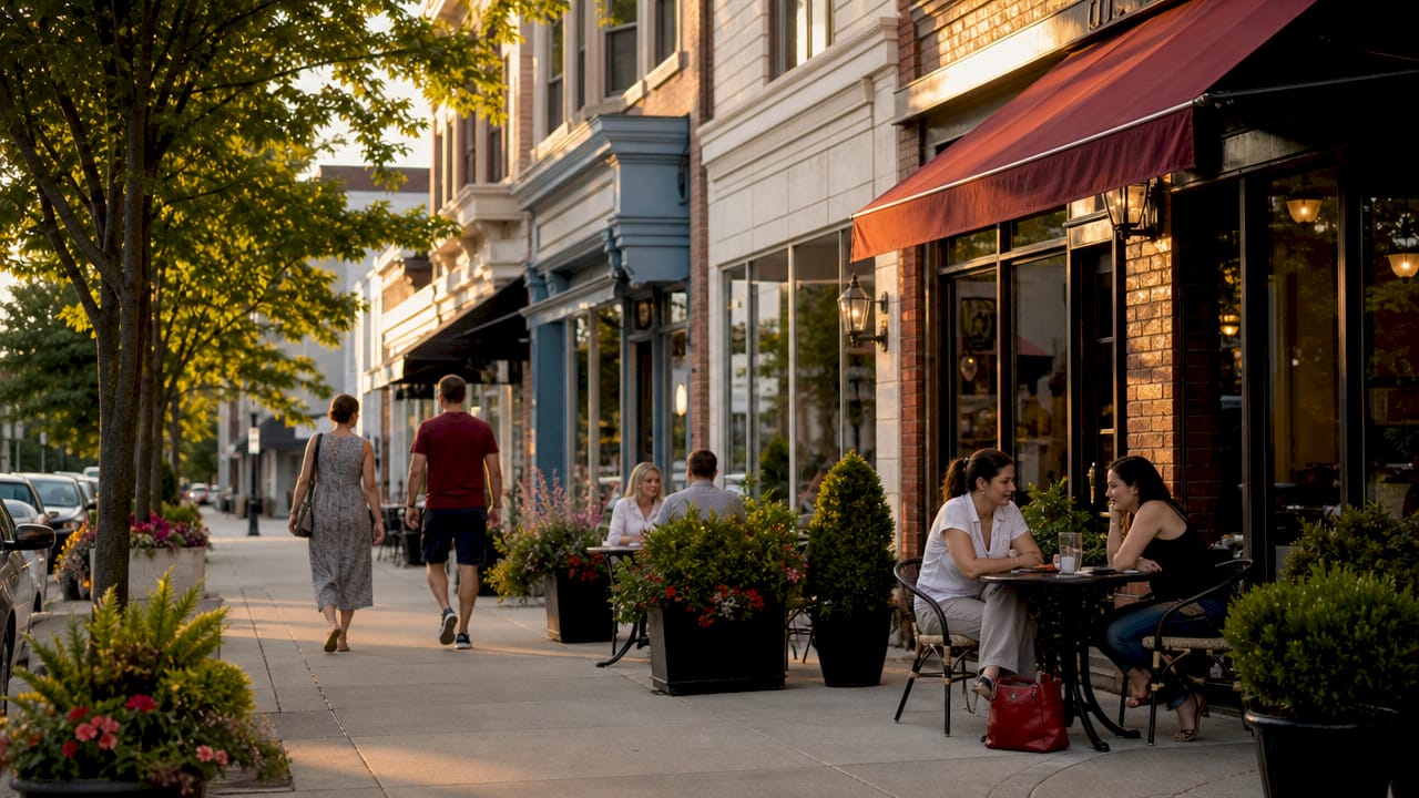 Commercial storefronts with newly upgraded exteriors and pedestrian activity
