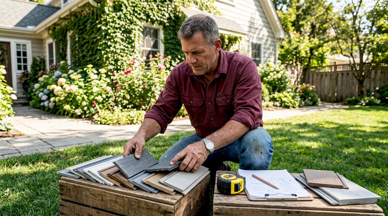 Contractor assessing siding samples outdoors