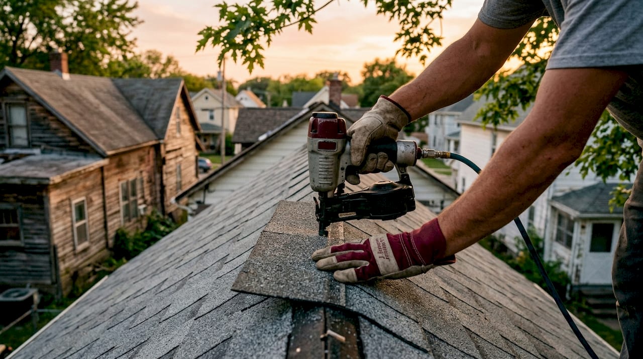Close-up of roofing contractor installing shingles