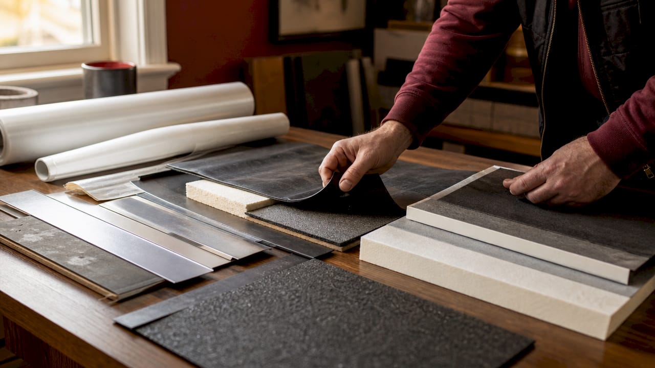 Close-up of commercial roofing material samples on workbench
