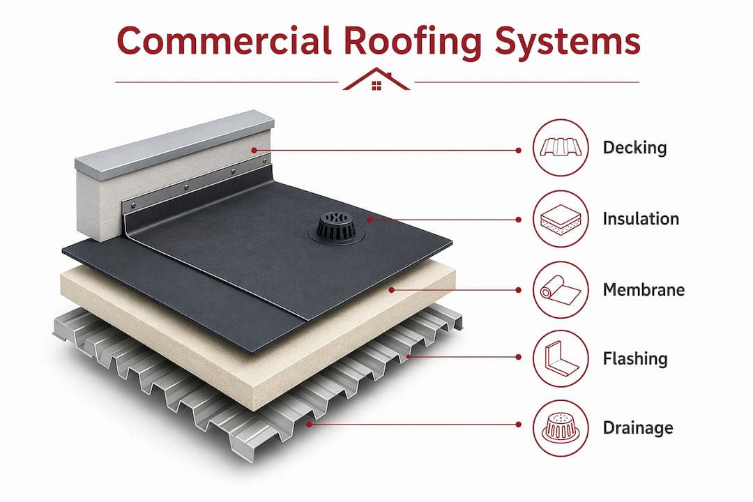 Infographic showing components of commercial roofing systems