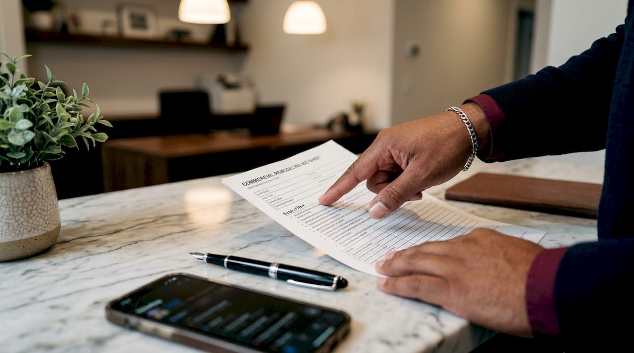 Close-up of hands pointing to scope of work on bid document